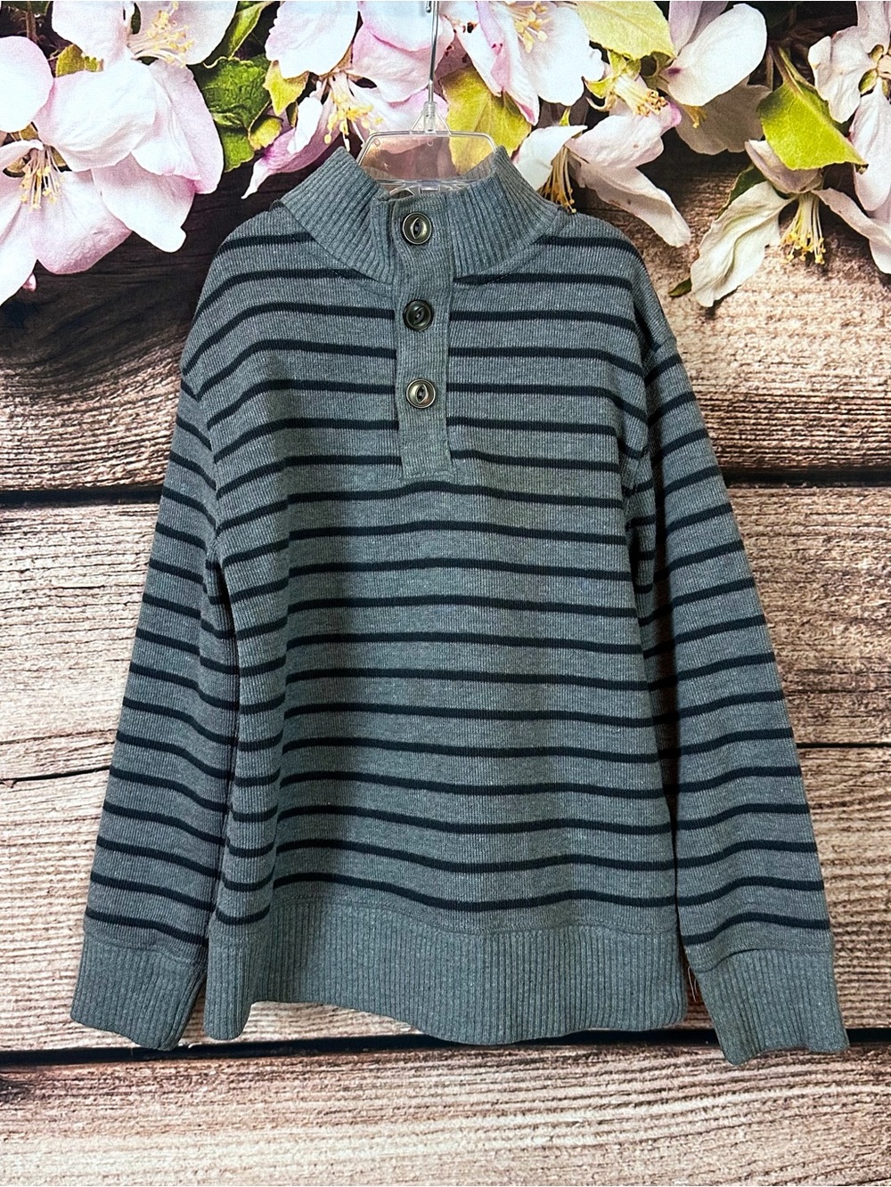 Cherokee Little Boys Cotton Gray Striped Buttons Front Knit Sweater